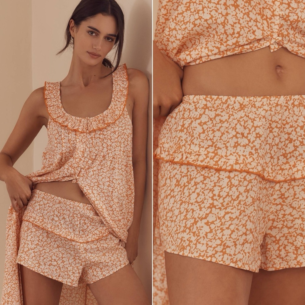 Anthropologie NWT Orange Ruffle Waist Shorts Floral Loungewear Pajama Shorts L